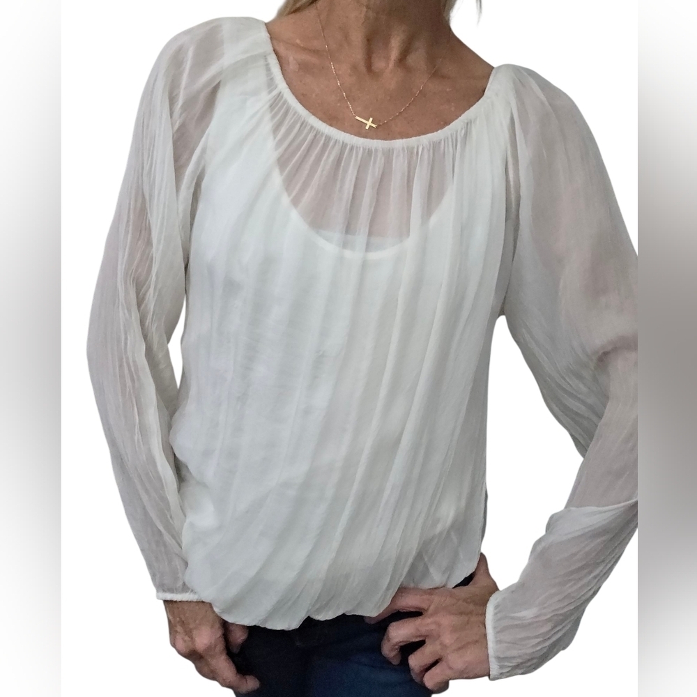 Prontomoda Giusy Italy 100% Silk Sheer Peasant Blouse White Romantic Boho S